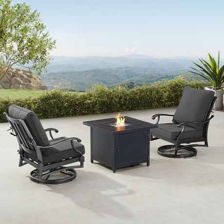 Black Aluminum Fire Table Bistro Set with Two Club Chairs