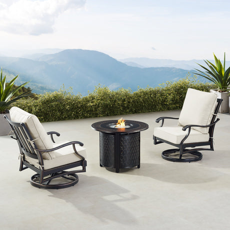 Black Aluminum Fire Table Bistro Set with Two Club Chairs