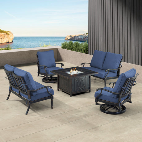 Black Aluminum Fire Table Set with Two Loveseats and Two Club Chairs - Sharicks