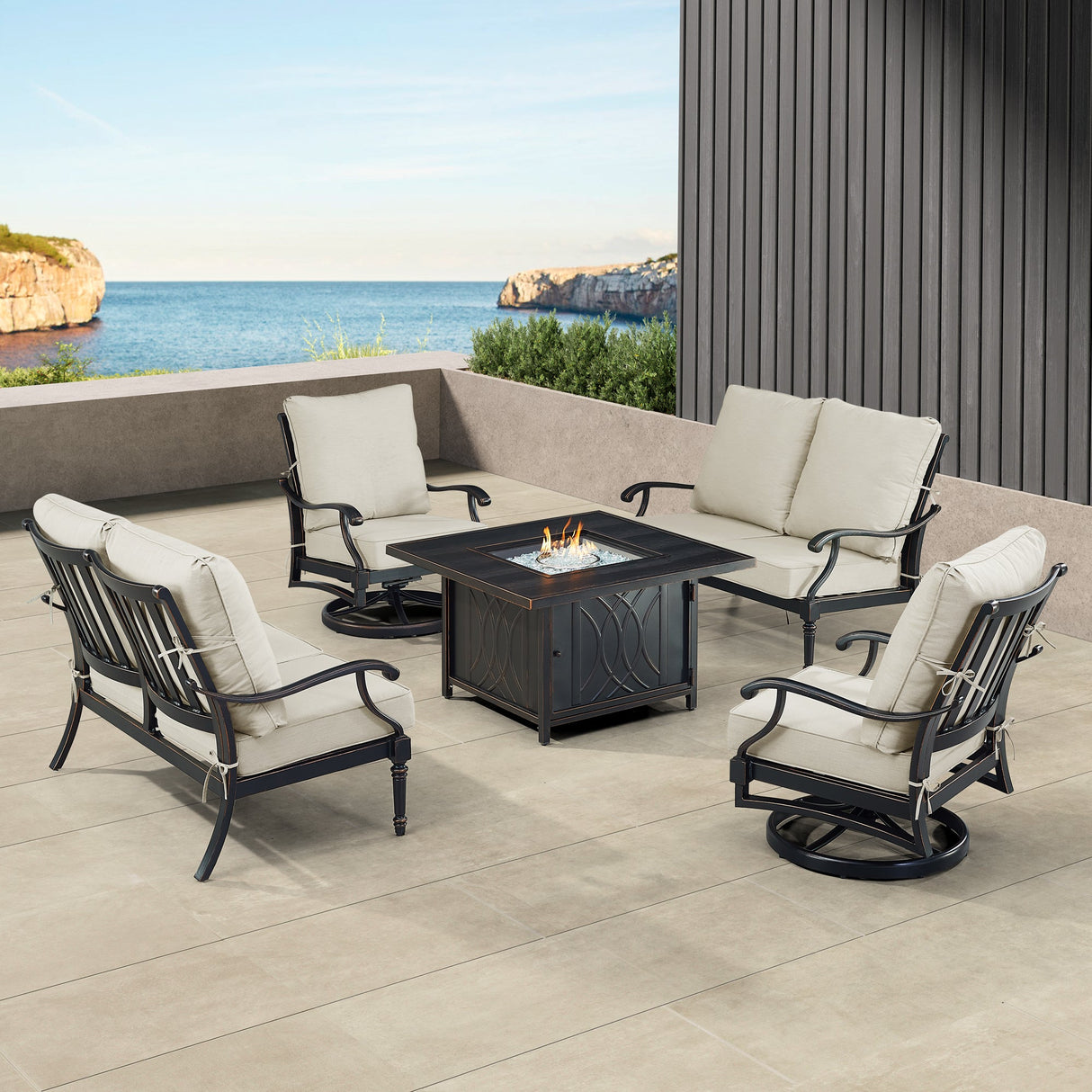 Black Aluminum Fire Table Set with Two Loveseats and Two Club Chairs