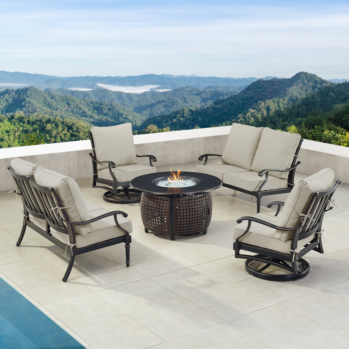 Black Aluminum Fire Table Set with Two Loveseats and Two Club Chairs