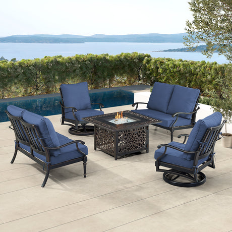 Black Aluminum Fire Table Set with Two Loveseats and Two Club Chairs - Sharicks