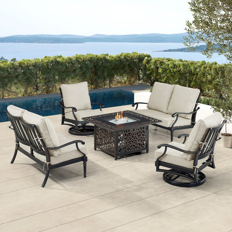 Black Aluminum Fire Table Set with Two Loveseats and Two Club Chairs - Sharicks