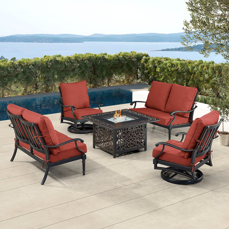 Black Aluminum Fire Table Set with Two Loveseats and Two Club Chairs - Sharicks