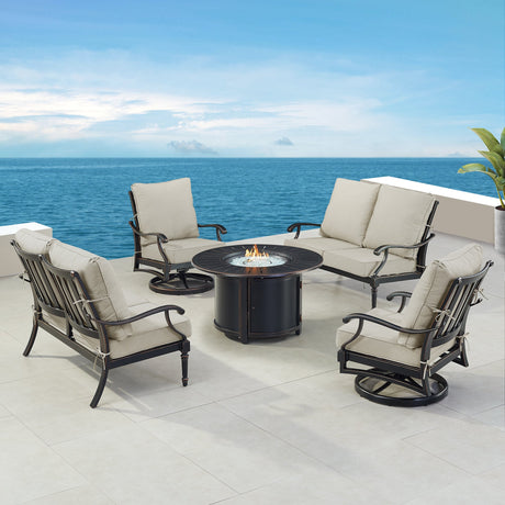 Black Aluminum Fire Table Set with Two Loveseats and Two Club Chairs - Sharicks