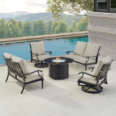 Black Aluminum Fire Table Set with Two Loveseats and Two Club Chairs - Sharicks