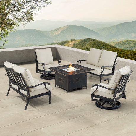 Black Aluminum Fire Table Set with Two Loveseats and Two Club Chairs - Sharicks