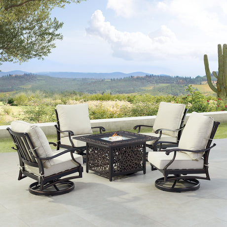 Black Aluminum Fire Table Set with Four Club Chairs - Sharicks