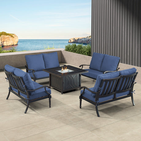 Black Aluminum Fire Table Set with Four Deep Seating Loveseats - Sharicks