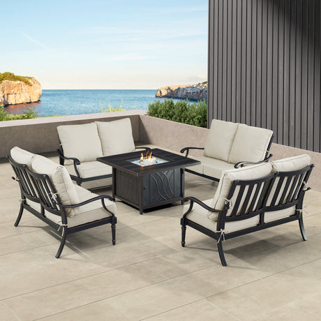 Black Aluminum Fire Table Set with Four Deep Seating Loveseats - Sharicks