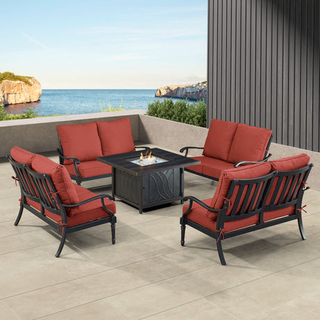 Black Aluminum Fire Table Set with Four Deep Seating Loveseats - Sharicks