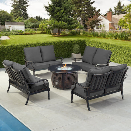 Black Aluminum Fire Table Set with Four Deep Seating Loveseats - Sharicks