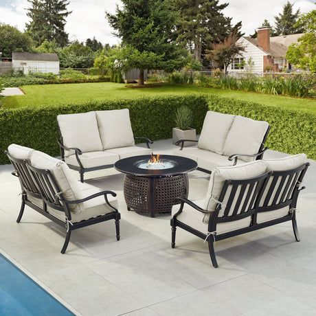 Black Aluminum Fire Table Set with Four Deep Seating Loveseats - Sharicks