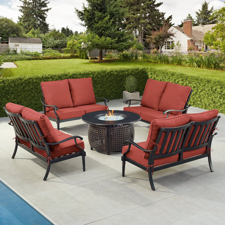 Black Aluminum Fire Table Set with Four Deep Seating Loveseats - Sharicks