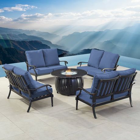 Black Aluminum Fire Table Set with Four Deep Seating Loveseats - Sharicks