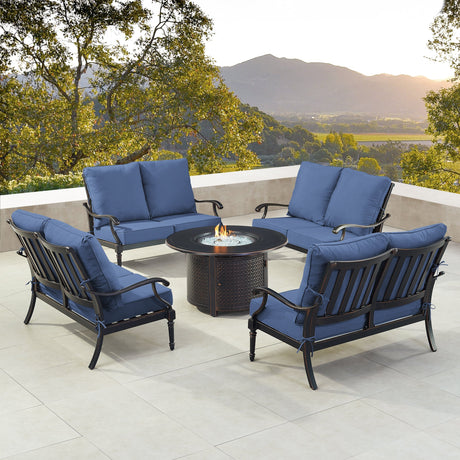 Black Aluminum Fire Table Set with Four Deep Seating Loveseats - Sharicks