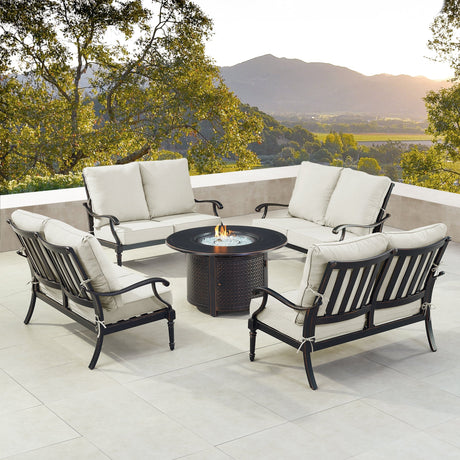 Black Aluminum Fire Table Set with Four Deep Seating Loveseats - Sharicks