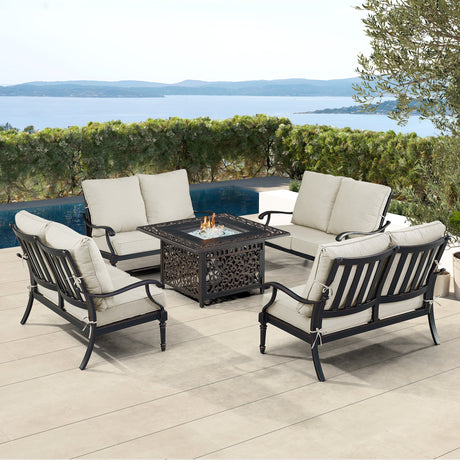 Black Aluminum Fire Table Set with Four Deep Seating Loveseats - Sharicks