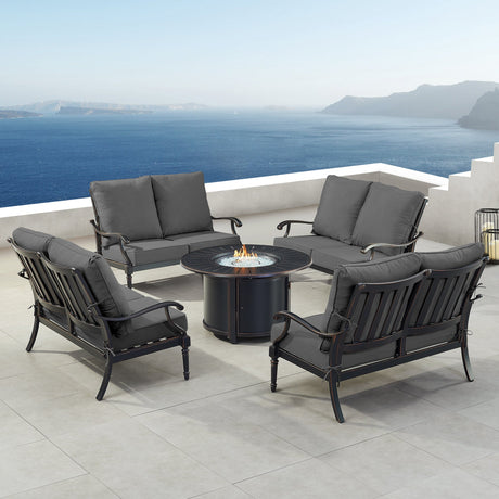 Black Aluminum Fire Table Set with Four Deep Seating Loveseats - Sharicks