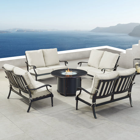 Black Aluminum Fire Table Set with Four Deep Seating Loveseats - Sharicks