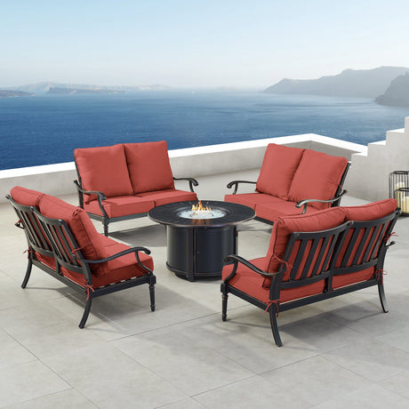 Black Aluminum Fire Table Set with Four Deep Seating Loveseats - Sharicks