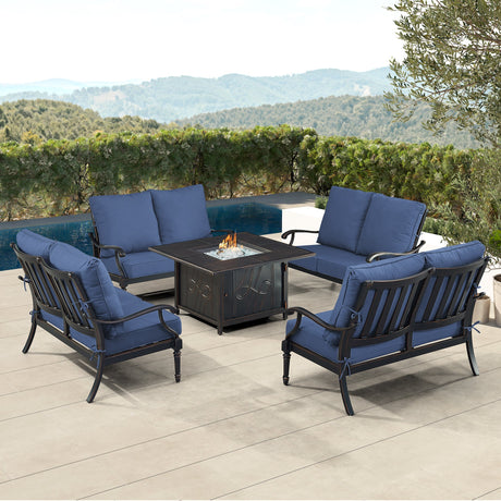 Black Aluminum Fire Table Set with Four Deep Seating Loveseats - Sharicks