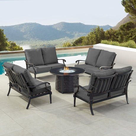 Black Aluminum Fire Table Set with Four Deep Seating Loveseats - Sharicks