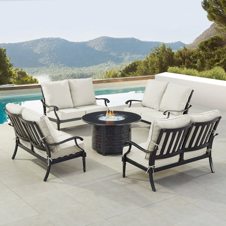 Black Aluminum Fire Table Set with Four Deep Seating Loveseats - Sharicks