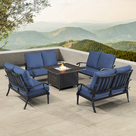 Black Aluminum Fire Table Set with Four Deep Seating Loveseats - Sharicks