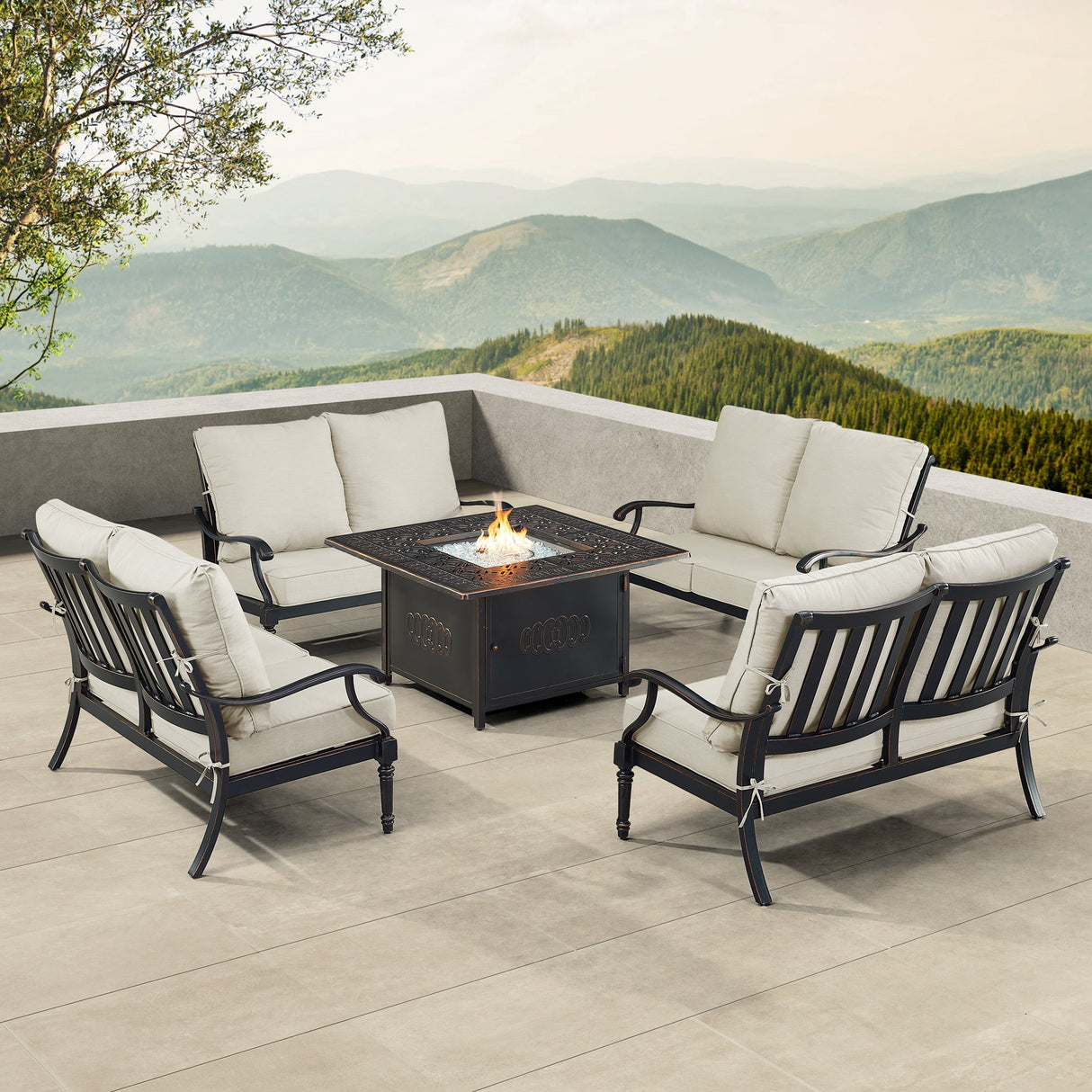 Black Aluminum Fire Table Set with Four Deep Seating Loveseats