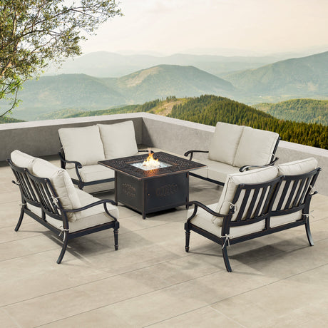 Black Aluminum Fire Table Set with Four Deep Seating Loveseats - Sharicks