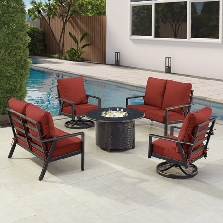 Black Aluminum Fire Table Set with Two Deep Seating Loveseat with Cushions and Two Club Chairs - Sharicks