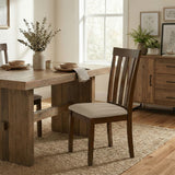 Modern Dining Chairs, Set of 2, Dirty Oak Finish with Dark Beige Polyester Upholstered Seats Solid Rubberwood