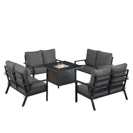 Black Aluminum Fire Table Set with Four Deep Seating Loveseat with Cushions - Sharicks