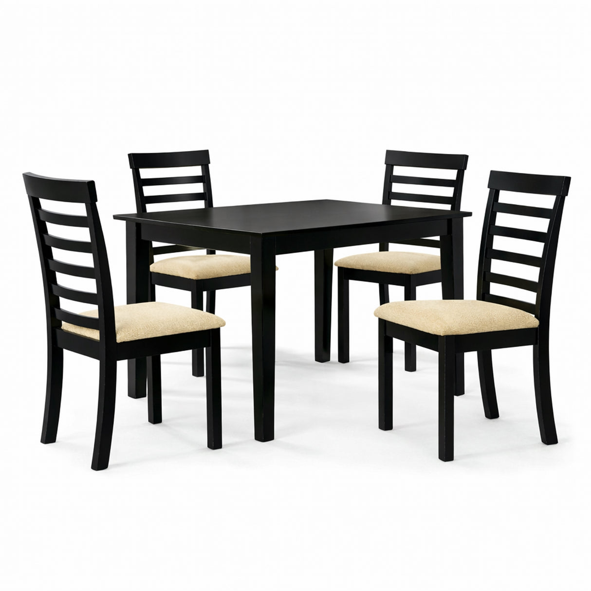 Traditional 5-Piece 43.3 Inch Rectangular Dining Set, Black Finish with Beige Polyester Upholstered Chairs, Solid Rubberwood