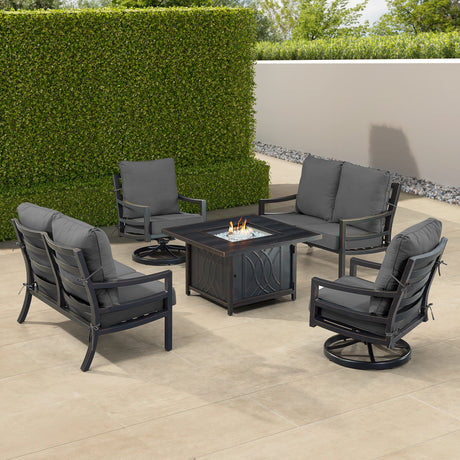 Black Aluminum Fire Table Set with Two Loveseats and Two Club Chairs - Sharicks