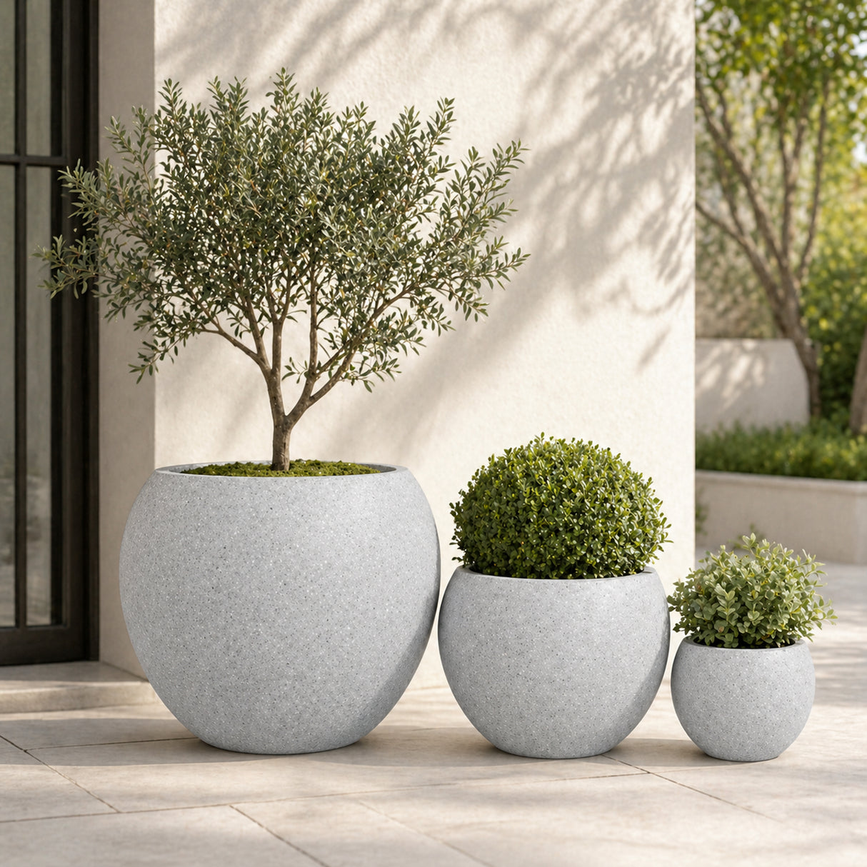Set of 3 Smooth Round Polystone Indoor/Outdoor Planters, Gray