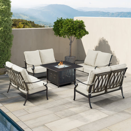 Black Aluminum Fire Table Set with Four Deep Seating Loveseats - Sharicks