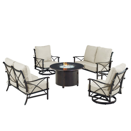 Black Aluminum Fire Table Set with Two Deep Seating Loveseat with Cushions and Two Club Chairs - Sharicks