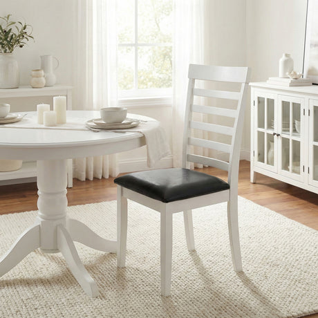 Traditional Dining Chairs, Set of 2, White Finish with Black PU Leather Upholstered Seats Solid Rubberwood
