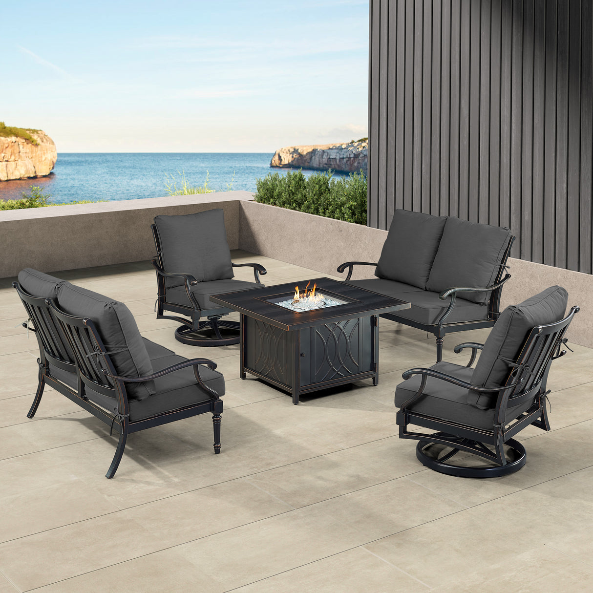 Black Aluminum Fire Table Set with Two Loveseats and Two Club Chairs