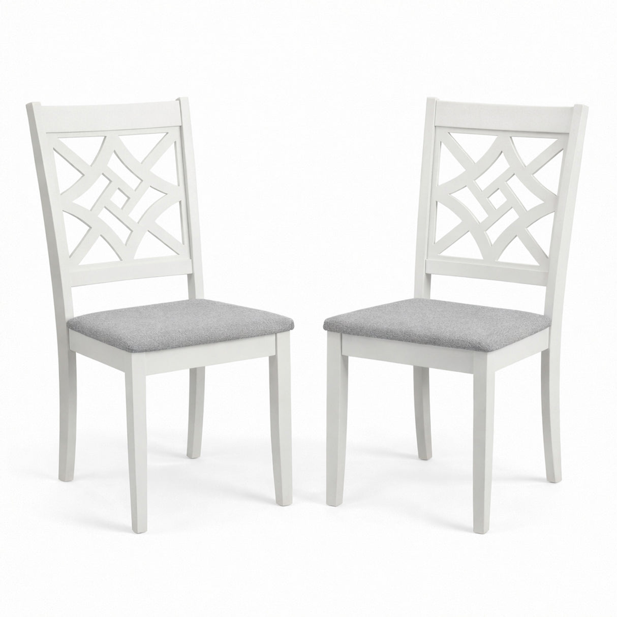 Traditional Dining Chairs, Set of 2, White Finish with Grey Polyester Upholstered Seats Solid Rubberwood