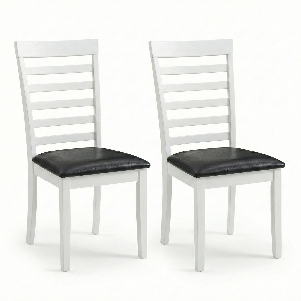 Traditional Dining Chairs, Set of 2, White Finish with Black PU Leather Upholstered Seats Solid Rubberwood