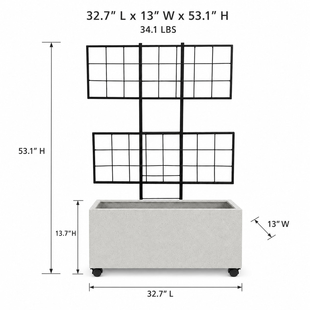 Smooth Rectangular Polystone Planter with Steel Trellis and Wheels, White