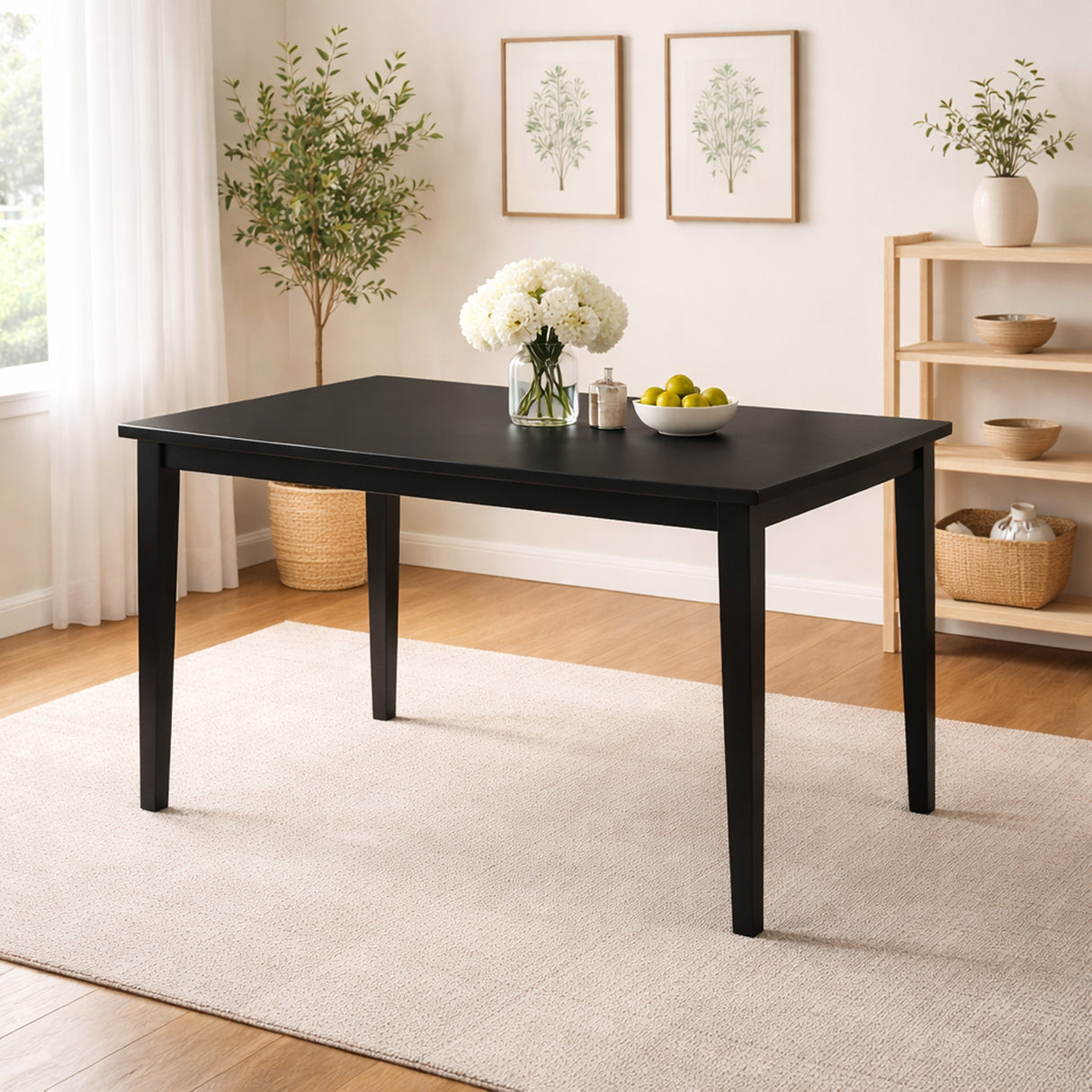 Traditional 5-Piece 43.3 Inch Rectangular Dining Set, Black Finish with Beige Polyester Upholstered Chairs, Solid Rubberwood