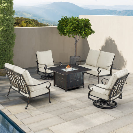 Black Aluminum Fire Table Set with Two Loveseats and Two Club Chairs - Sharicks