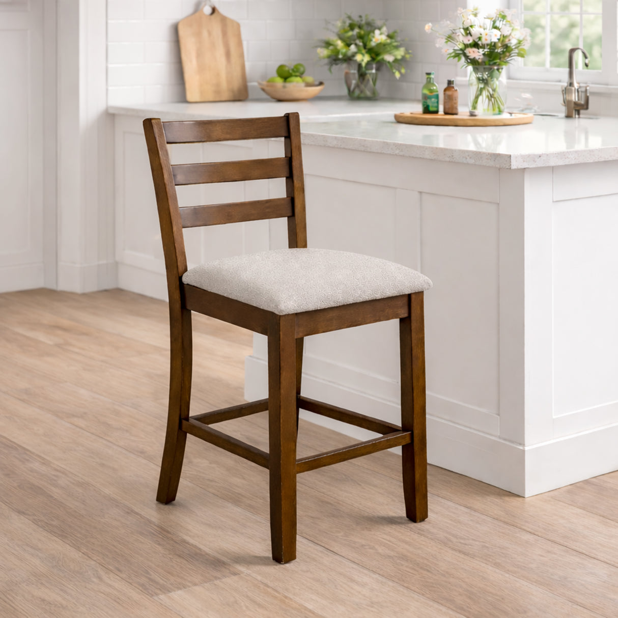 Modern 5-Piece 41.3 Inch Square Counter Height Dining Set, Dirty Oak Finish with Greige Polyester Upholstered Bar Stools, Solid Rubberwood