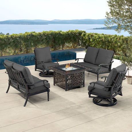 Black Aluminum Fire Table Set with Two Loveseats and Two Club Chairs - Sharicks