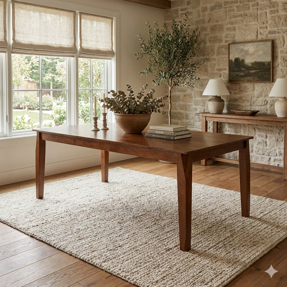 Traditional 9-Piece 78.7 Inch Rectangular Dining Set, Dirty Oak Finish with Greige Polyester Upholstered Chairs, Solid Rubberwood