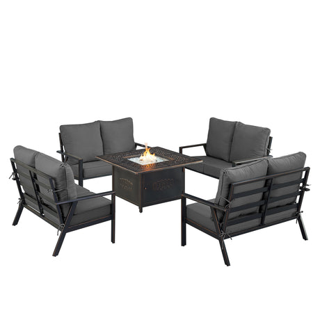 Black Aluminum Fire Table Set with Four Deep Seating Loveseat with Cushions - Sharicks